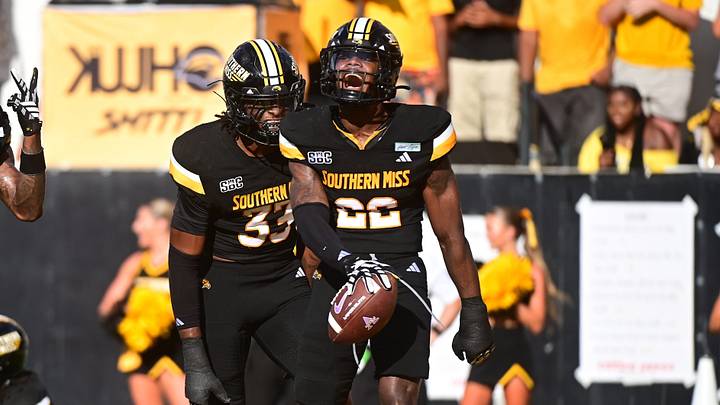 Southern Miss Golden Eagles defensive back Kobi Albert (22) reacts after an interception during the college football game between the Southern Miss Golden Eagles and the Alcorn State Braves at Renasant Stadium in Hattiesburg. Photo by Matt Bush.