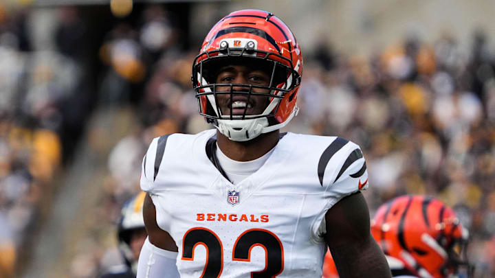 Bengals Dax Hill (23) celebrates a play during their game against the Steelers on Sunday November 16, 2025 at Acrisure Stadium.