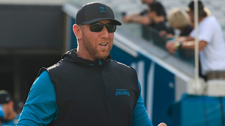 Jacksonville Jaguars head coach Liam Coen runs on the field during an NFL scrimmage event at EverBank Stadium, Friday, Aug. 1, 2025, in Jacksonville, Fla. [Corey Perrine/Florida Times-Union]