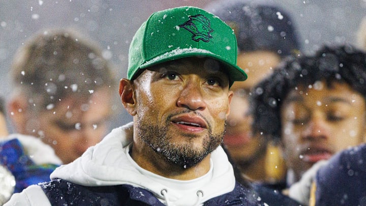 Notre Dame head coach Marcus Freeman celebrates with his players after winning a NCAA football game 49-10 against Navy at Notre Dame Stadium on Saturday, Nov. 8, 2025, in South Bend.