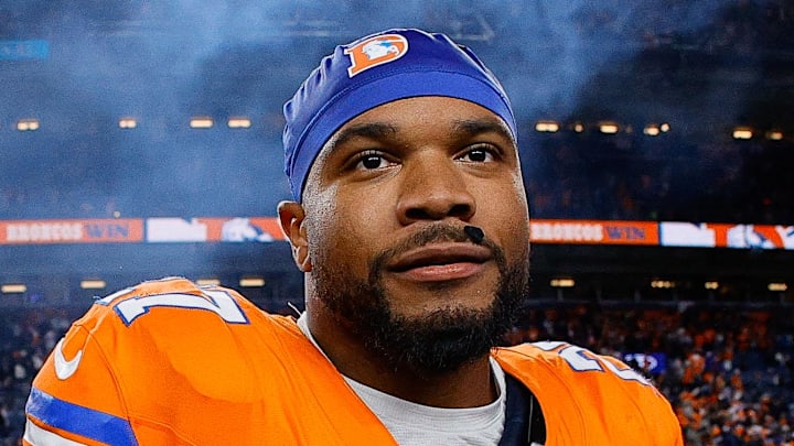 Nov 6, 2025; Denver, Colorado, USA; Denver Broncos running back J.K. Dobbins (27) after the game against the Las Vegas Raiders at Empower Field at Mile High. Mandatory Credit: Isaiah J. Downing-Imagn Images