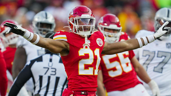 Nov 29, 2024; Kansas City, Missouri, USA; Kansas City Chiefs safety Justin Reid (20) reacts after a missed field goal by the Las Vegas Raiders during the second half at GEHA Field at Arrowhead Stadium. Mandatory Credit: Jay Biggerstaff-Imagn Images