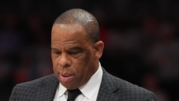 Mar 12, 2026; Charlotte, NC, USA; North Carolina Tar Heels head coach Hubert Davis reacts in the first half at Spectrum Center. Mandatory Credit: Bob Donnan-Imagn Images
