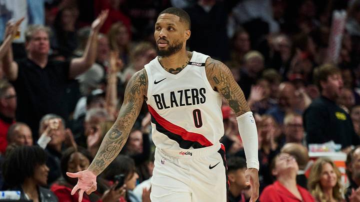 Oct 21, 2026: Portland Trail Blazers guard Damian Lillard celebrates scoring a three point basket during the second half against the Phoenix Suns at Moda Center. Mandatory Credit: Troy Wayrynen