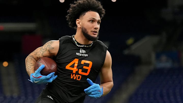 Mississippi wideout Jordan Watkins (WO43) during the 2025 NFL Combine at Lucas Oil Stadium.
