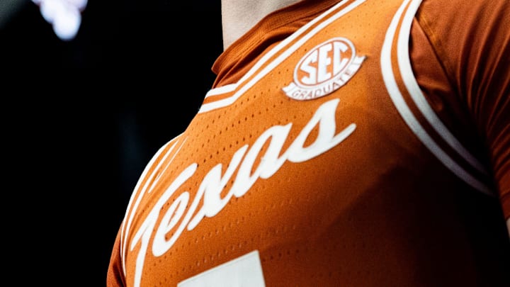 Texas Longhorns forward Kadin Shedrick (5) reacts during their second round game of the SEC Men's Basketball Tournament at Bridgestone Arena in Nashville, Tenn., Thursday, March 13, 2025.