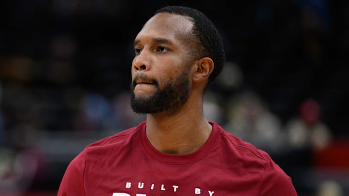 Feb 7, 2025; Washington, District of Columbia, USA; Cleveland Cavaliers forward Evan Mobley (4) warms up prior to the game between the Washington Wizards and the Cleveland Cavaliers at Capital One Arena. Mandatory Credit: Reggie Hildred-Imagn Images