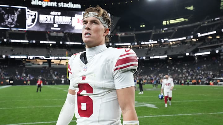 Dec 28, 2025; Paradise, Nevada, USA; New York Giants quarterback Jaxson Dart (6) looks on after the game against the Las Vegas Raiders at Allegiant Stadium.  