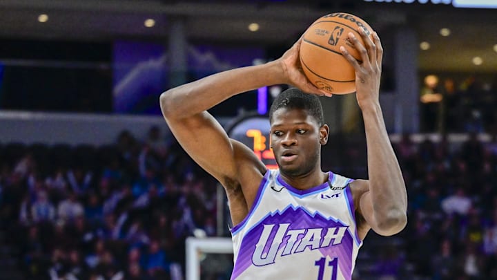 Oct 16, 2025; Salt Lake City, Utah, USA; Utah Jazz center Mo Bamba (11) waits to pass to Utah Jazz center Kyle Filipowski (22) during the second half against the Portland Trail Blazers at Delta Center. Mandatory Credit: Peter Creveling-Imagn Images