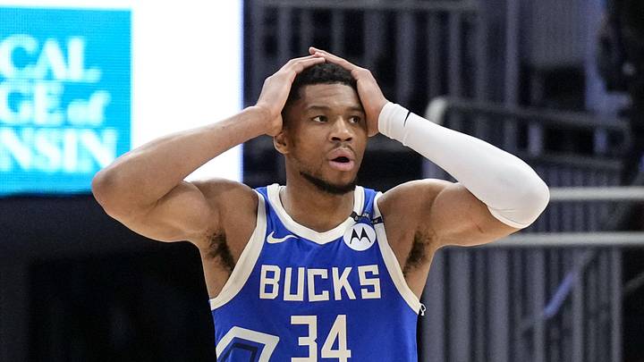 Milwaukee Bucks forward Giannis Antetokounmpo (34) reacts after fouling out  during the fourth quarter against the Indiana Pacers at Fiserv Forum on March 15, 2025.