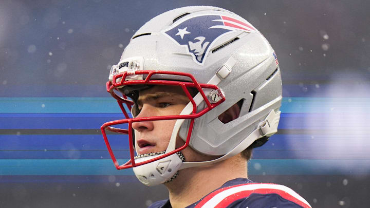 Jan 18, 2026; Foxborough, MA, USA; New England Patriots quarterback Drake Maye (10) warms up before an AFC Divisional Round game against the Houston Texans at Gillette Stadium. Mandatory Credit: David Butler II-Imagn Images