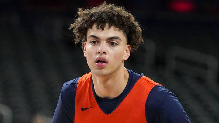 Illinois Fighting Illini guard Keaton Wagler (23) guards during practice ahead of a Final Four game on Friday, April 3, 2026, at Lucas Oil Stadium in Indianapolis. Illinois Fighting Illini guard Keaton Wagler (23) guards during practice ahead of a Final Four game on Friday, April 3, 2026, at Lucas Oil Stadium in Indianapolis.