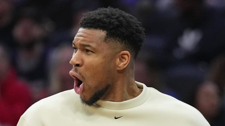 Milwaukee Bucks forward Giannis Antetokounmpo reacts during the game against the Philadelphia 76ers at Xfinity Mobile Arena on April 12, 2026.