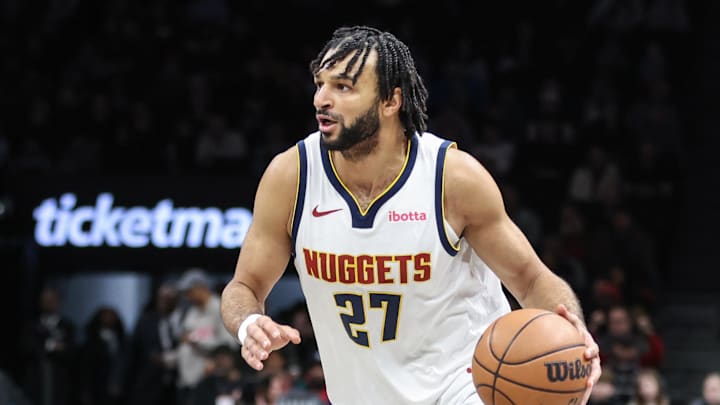 Jan 4, 2026; Brooklyn, New York, USA; Denver Nuggets guard Jamal Murray (27) drives to the basket in the first quarter against the Brooklyn Nets at Barclays Center. Jan 4, 2026; Brooklyn, New York, USA; Denver Nuggets guard Jamal Murray (27) drives to the basket in the first quarter against the Brooklyn Nets at Barclays Center.