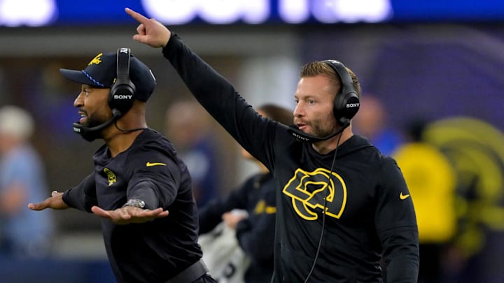 Nov 16, 2025; Inglewood, California, USA;  Los Angeles Rams assistant head coach Aubrey Pleasant with head coach Sean McVay on the sidelines during the second half against the Seattle Seahawks at SoFi Stadium. Mandatory Credit: Jayne Kamin-Oncea-Imagn Images