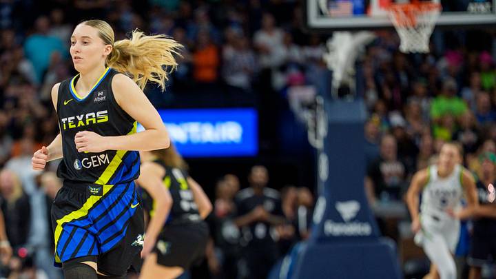 Sep 1, 2025; Minneapolis, Minnesota, USA; Dallas Wings guard Paige Bueckers (5) in action against Minnesota Lynx in the first quarter at Target Center. Mandatory Credit: Matt Blewett-Imagn Images
