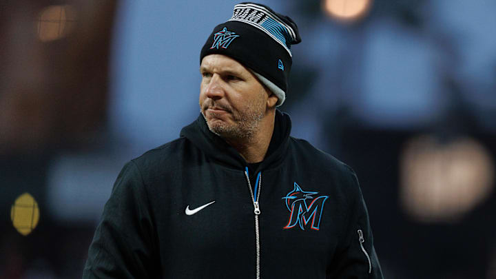 Jun 25, 2025; San Francisco, California, USA; Miami Marlins manager Clayton McCullough (86) walks back to the dugout during the sixth inning against the San Francisco Giants at Oracle Park. Mandatory Credit: Sergio Estrada-Imagn Images