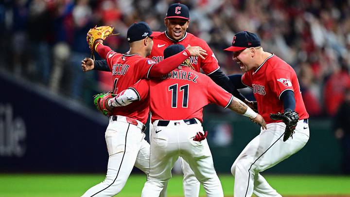 Oct 10, 2026; Cleveland, Ohio, USA;  The Cleveland Guardians celebrate the win against the Chicago White Sox in game five of the ALDS for the 2026 MLB Playoffs at Progressive Field.  Mandatory Credit: David Dermer-Imagn Images