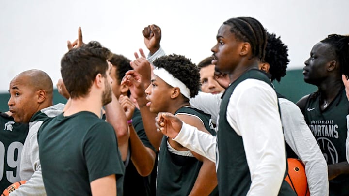 Michigan State's Jeremy Fears Jr., center, and the Spartans huddle up during the first day of basketball practice on Monday, Sept. 22, 2025, at the Breslin Center in East Lansing. Michigan State's Jeremy Fears Jr., center, and the Spartans huddle up during the first day of basketball practice on Monday, Sept. 22, 2025, at the Breslin Center in East Lansing.