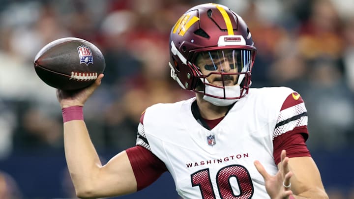 Jan 5, 2025; Arlington, Texas, USA; Washington Commanders quarterback Marcus Mariota (18) throws a pass against the Dallas Cowboys during the third quarter at AT&T Stadium. Mandatory Credit: Tim Heitman-Imagn Images Jan 5, 2025; Arlington, Texas, USA; Washington Commanders quarterback Marcus Mariota (18) throws a pass against the Dallas Cowboys during the third quarter at AT&T Stadium. Mandatory Credit: Tim Heitman-Imagn Images