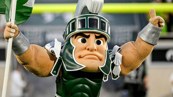 Michigan State’s mascot Sparty takes the field before the football game against Toledo on Friday, Sept. 4, 2026, at Spartan Stadium in East Lansing.