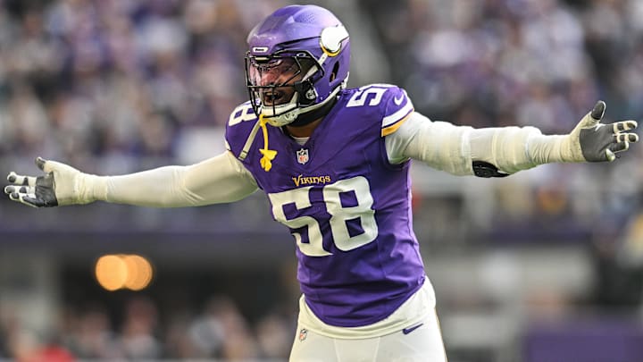 Minnesota Vikings linebacker Jonathan Greenard reacts during the second quarter against the Arizona Cardinals.