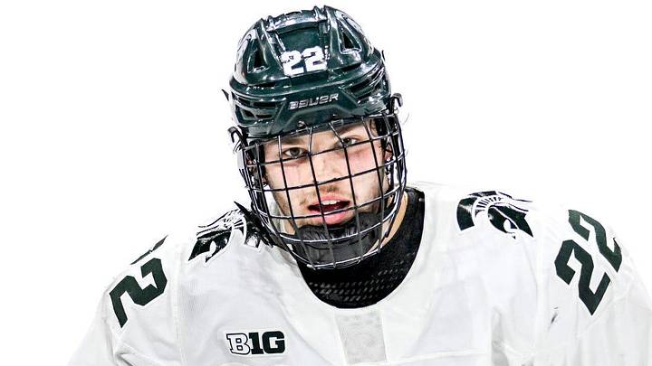 Michigan State's Isaac Howard celebrates his goal during the second period in the game against Ohio State on Saturday, Feb. 24, 2024, at Munn Arena in East Lansing.