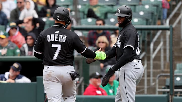 Chicago White Sox catcher Edgar Quero (7) and center fielder Luis Robert Jr. (88) score at Sutter Health Park. Chicago White Sox catcher Edgar Quero (7) and center fielder Luis Robert Jr. (88) score at Sutter Health Park.