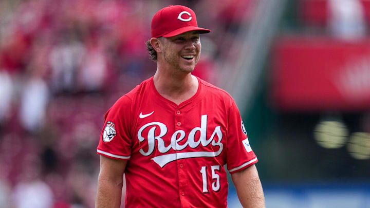 Cincinnati Reds relief pitcher Emilio Pagan (15) smiles after the final out of the ninth inning of the MLB National League game between the Cincinnati Reds and the Pittsburgh Pirates at Great American Ball Park in downtown Cincinnati on Thursday, Sept. 25, 2025. The Reds won, 2-1.