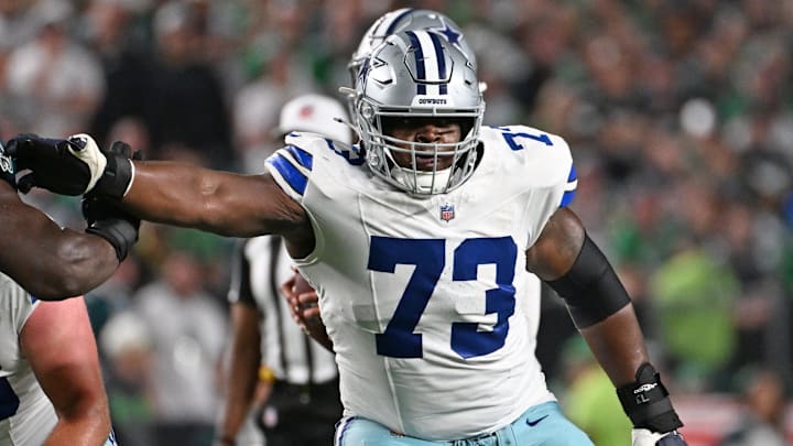 Dallas Cowboys guard Tyler Smith blocks against the Philadelphia Eagles at Lincoln Financial Field. 