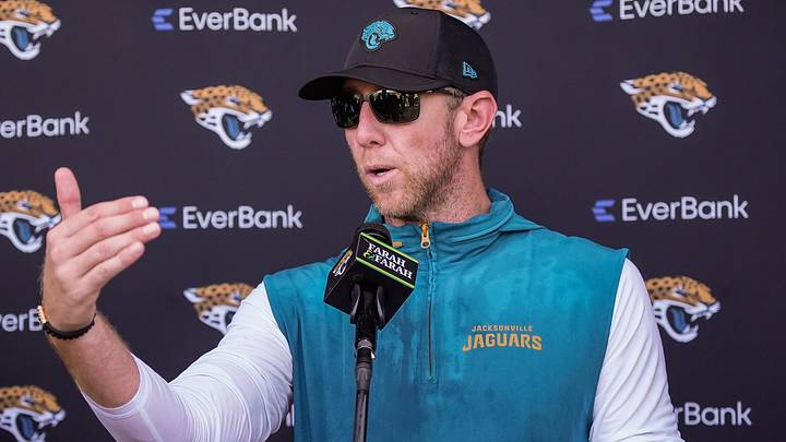 Jacksonville Jaguars head coach Liam Coen talks with the media after a joint practice with the Carolina Panthers on the 16th session of NFL training camp at the Miller Electric Center on Wednesday, Aug. 19, 2026, in Jacksonville, Fla. [Doug Engle/Florida Times-Union]