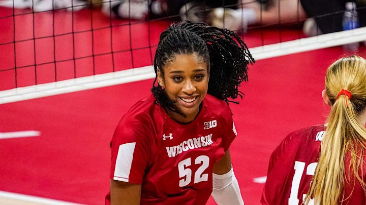 Wisconsin Badgers middle blocker Carter Booth (52). Mandatory Credit: Dylan Widger-Imagn Images