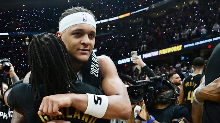 May 5, 2024; Cleveland, Ohio, USA; Cleveland Cavaliers guard Darius Garland (10) hugs Orlando Magic forward Paolo Banchero (5) after the Cavaliers beat the Magic in game seven of the first round for the 2024 NBA playoffs at Rocket Mortgage FieldHouse. Mandatory Credit: Ken Blaze-Imagn Images