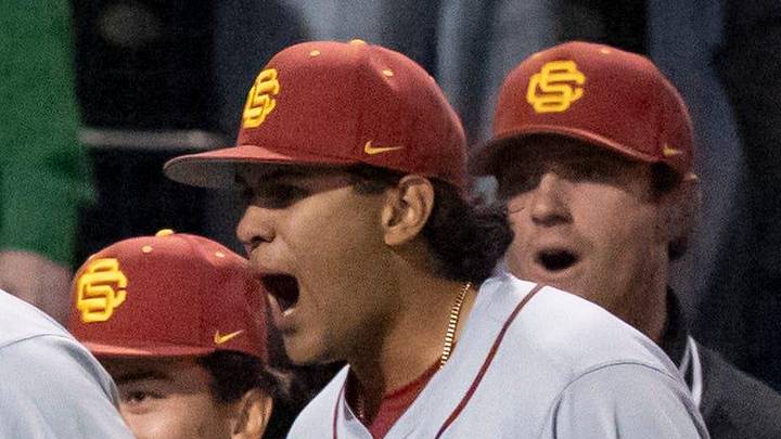 USC celebrates a home run by Isaac Cadena (20) as the Oregon Ducks host the USC Trojans on May 14, 2026, in Eugene, Oregon. USC celebrates a home run by Isaac Cadena (20) as the Oregon Ducks host the USC Trojans on May 14, 2026, in Eugene, Oregon.