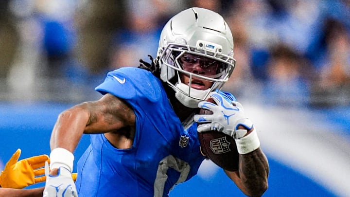Detroit Lions running back Jahmyr Gibbs (0).