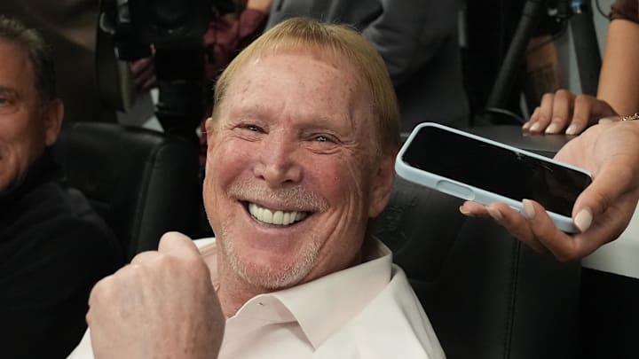 Feb 10, 2026; Henderson, NV, USA;  Las Vegas Raiders owner Mark Davis is interviewed by Henderson Review Journal reporter Callie Fin at a press conference at Intermountain Health Performance Center. Mandatory Credit: Kirby Lee-Imagn Images