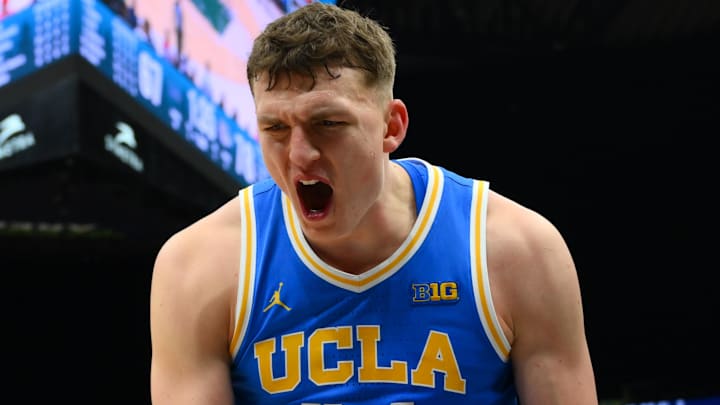 Dec 13, 2025; Seattle, Washington, USA; UCLA Bruins forward Tyler Bilodeau (34) reacts to making a basket against the Gonzaga Bulldogs during the second half at Climate Pledge Arena. Mandatory Credit: Steven Bisig-Imagn Images