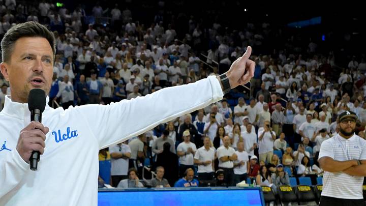 Jan 31, 2026; Los Angeles, California, USA; UCLA Bruins head football coach Bob Chesney is introduced during the basketball game against the Indiana Hoosiers at Pauley Pavilion presented by Wescom Financial. Mandatory Credit: Jayne Kamin-Oncea-Imagn Images