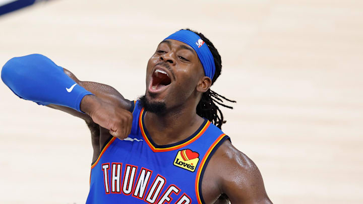 Jun 22, 2025; Oklahoma City, Oklahoma, USA; Oklahoma City Thunder guard Luguentz Dort (5) celebrates after a play against the Indiana Pacers during the second half during game seven of the 2025 NBA Finals at Paycom Center. Mandatory Credit: Alonzo Adams-Imagn Images Jun 22, 2025; Oklahoma City, Oklahoma, USA; Oklahoma City Thunder guard Luguentz Dort (5) celebrates after a play against the Indiana Pacers during the second half during game seven of the 2025 NBA Finals at Paycom Center. Mandatory Credit: Alonzo Adams-Imagn Images