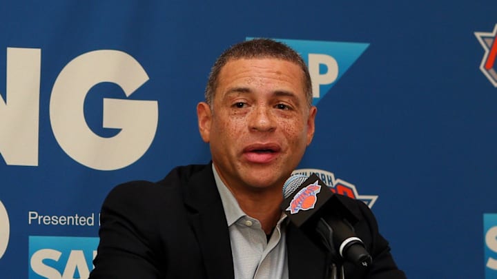 Sep 25, 2017; Greenburgh, NY, USA; New York Knicks president Steve Mills (left) and general manager Scott Perry speak to the media on media day at MSG Training Center. Mandatory Credit: Brad Penner-Imagn Images Sep 25, 2017; Greenburgh, NY, USA; New York Knicks president Steve Mills (left) and general manager Scott Perry speak to the media on media day at MSG Training Center. Mandatory Credit: Brad Penner-Imagn Images