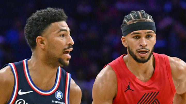 Philadelphia 76ers guard Quentin Grimes drives to the basket against the Portland Trail Blazers.