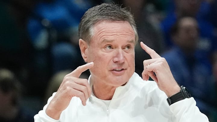 Nov 26, 2025; Las Vegas, NV, USA; Kansas Jayhawks head coach Bill Self reacts in the first half against the Tennessee Volunteers in the 2025 Players Era Festival third-place game at MGM Grand Garden Arena. Mandatory Credit: Kirby Lee-Imagn Images Nov 26, 2025; Las Vegas, NV, USA; Kansas Jayhawks head coach Bill Self reacts in the first half against the Tennessee Volunteers in the 2025 Players Era Festival third-place game at MGM Grand Garden Arena. Mandatory Credit: Kirby Lee-Imagn Images