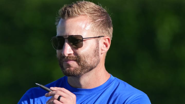 Los Angeles Rams coach Sean McVay during training camp. Mandatory Credit: Kirby Lee-Imagn Images