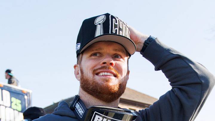 Seattle Seahawks quarterback Sam Darnold reacts during the Super Bowl LX parade