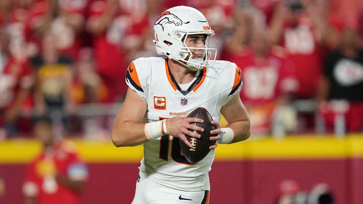Denver Broncos quarterback Bo Nix (10) drops back to pass against the Kansas City Chiefs in the first half at GEHA Field at Arrowhead Stadium. Denver Broncos quarterback Bo Nix (10) drops back to pass against the Kansas City Chiefs in the first half at GEHA Field at Arrowhead Stadium.