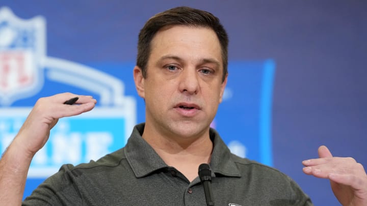 Feb 24, 2026; Indianapolis, IN, USA; Kansas City Chiefs general manager Brett Veach speaks at the NFL Scouting Combine at the Indiana Convention Center. Mandatory Credit: Kirby Lee-Imagn Images