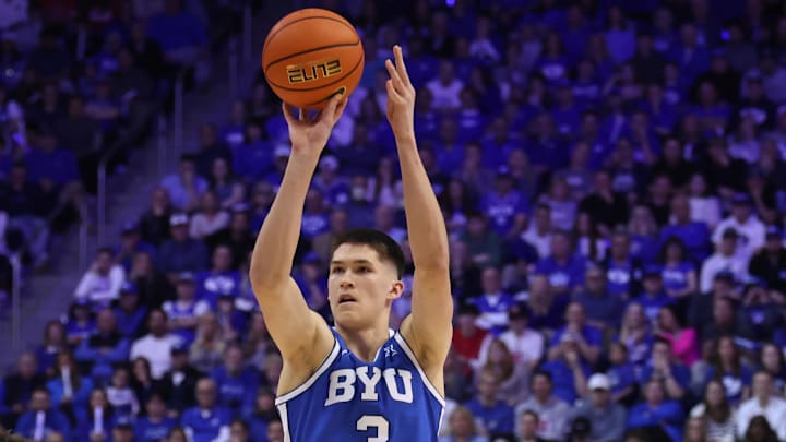 Mar 8, 2025; Provo, Utah, USA; Brigham Young Cougars guard Egor Demin (3) takes a three point shot against the Utah Utes during the first half at Marriott Center. Mandatory Credit: Rob Gray-Imagn Images