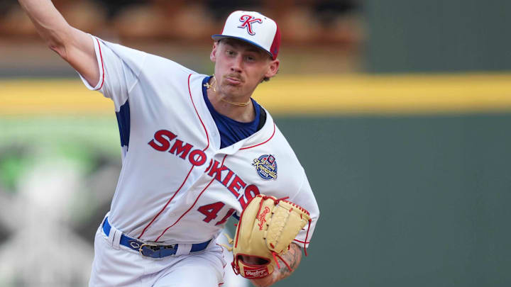 Knoxville Smokies pitcher Jaxon Wiggins (41) pitches during a minor league baseball game between the Knoxville Smokies and Chattanooga Lookouts at Covenant Health Park in Knoxville, Tenn., on June 3, 2025.