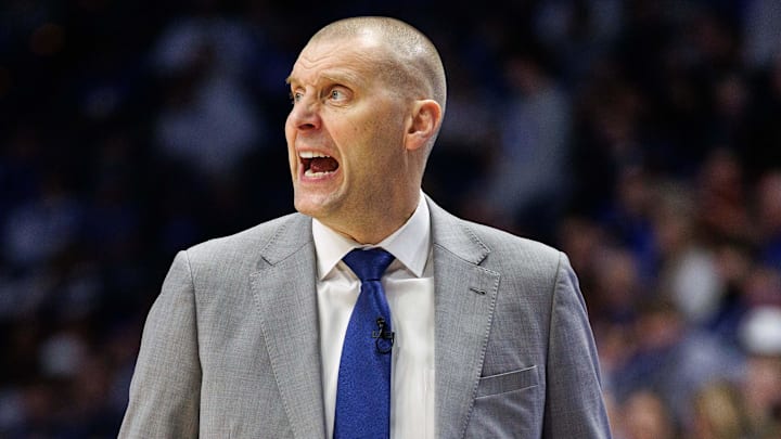 Mar 1, 2025; Lexington, Kentucky, USA; Kentucky Wildcats head coach Mark Pope yells to his players during the second half against the Auburn Tigers at Rupp Arena at Central Bank Center. Mandatory Credit: Jordan Prather-Imagn Images