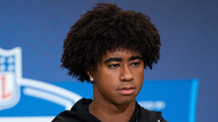 Feb 27, 2026; Indianapolis, IN, USA; Southern California wideout Ja'Kobi Lane (WO27) speaks to members of the media during the NFL Combine at the Indiana Convention Center. Mandatory Credit: Jacob Musselman-Imagn Images Feb 27, 2026; Indianapolis, IN, USA; Southern California wideout Ja'Kobi Lane (WO27) speaks to members of the media during the NFL Combine at the Indiana Convention Center. Mandatory Credit: Jacob Musselman-Imagn Images